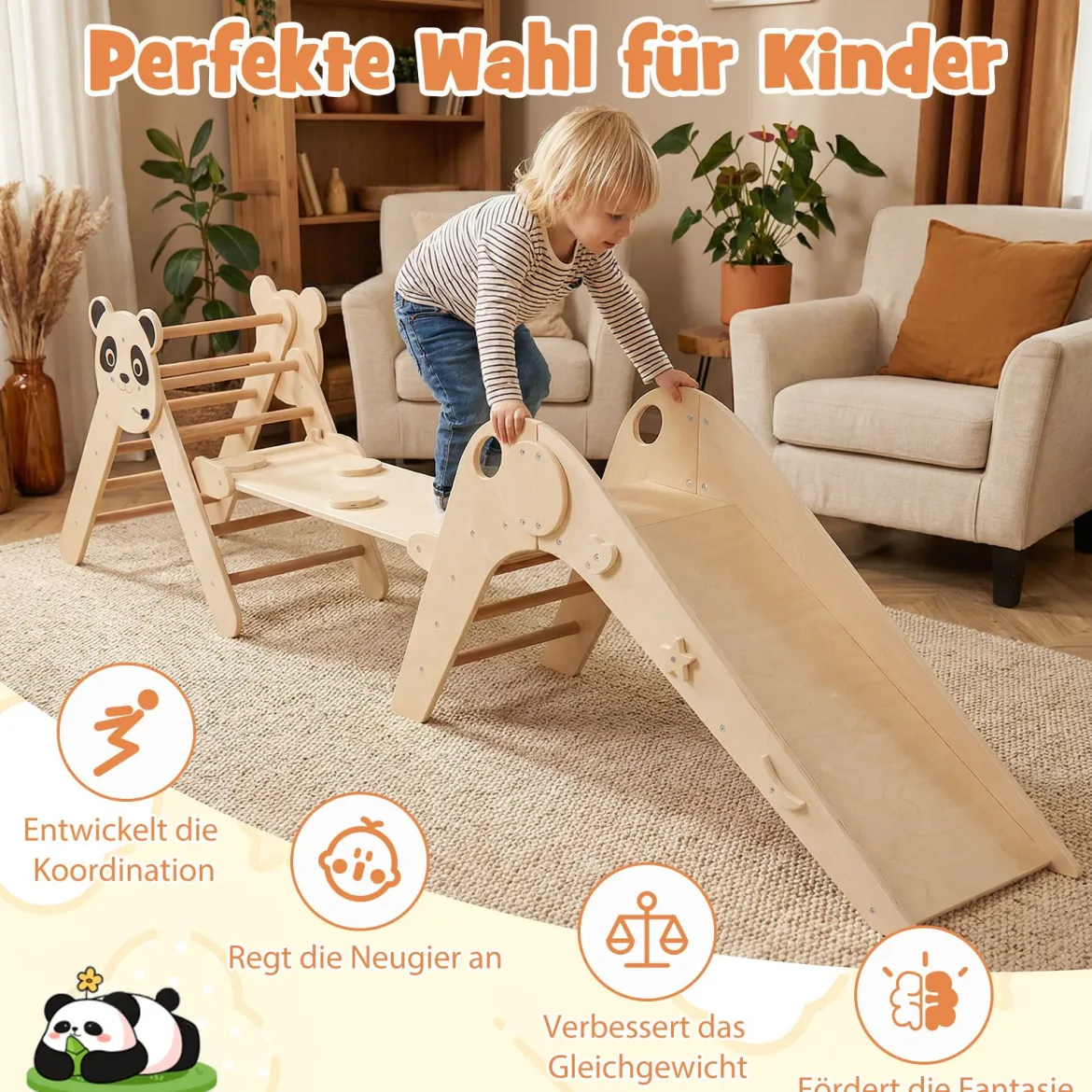 Kletterdreiecke Set faltbares Montessori-Kletterset aus Holz mit Panda-Motiv Natur