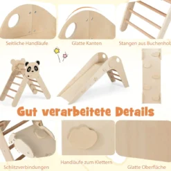 Kletterdreiecke Set faltbares Montessori-Kletterset aus Holz mit Panda-Motiv Natur