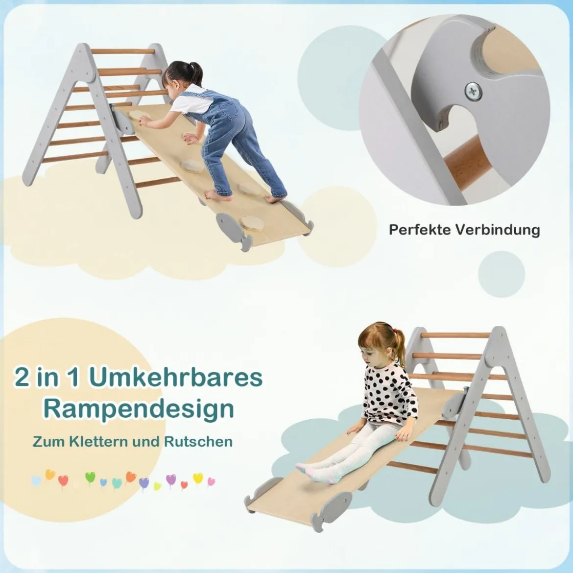 Kletterdreieck mit Rutsche Klettergerüst Indoor ab 1 Jahr Sprossendreieck Kletterrampe aus Holz Grau