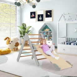 Kletterdreieck mit Rutsche Klettergerüst Indoor ab 1 Jahr Sprossendreieck Kletterrampe aus Holz Grau