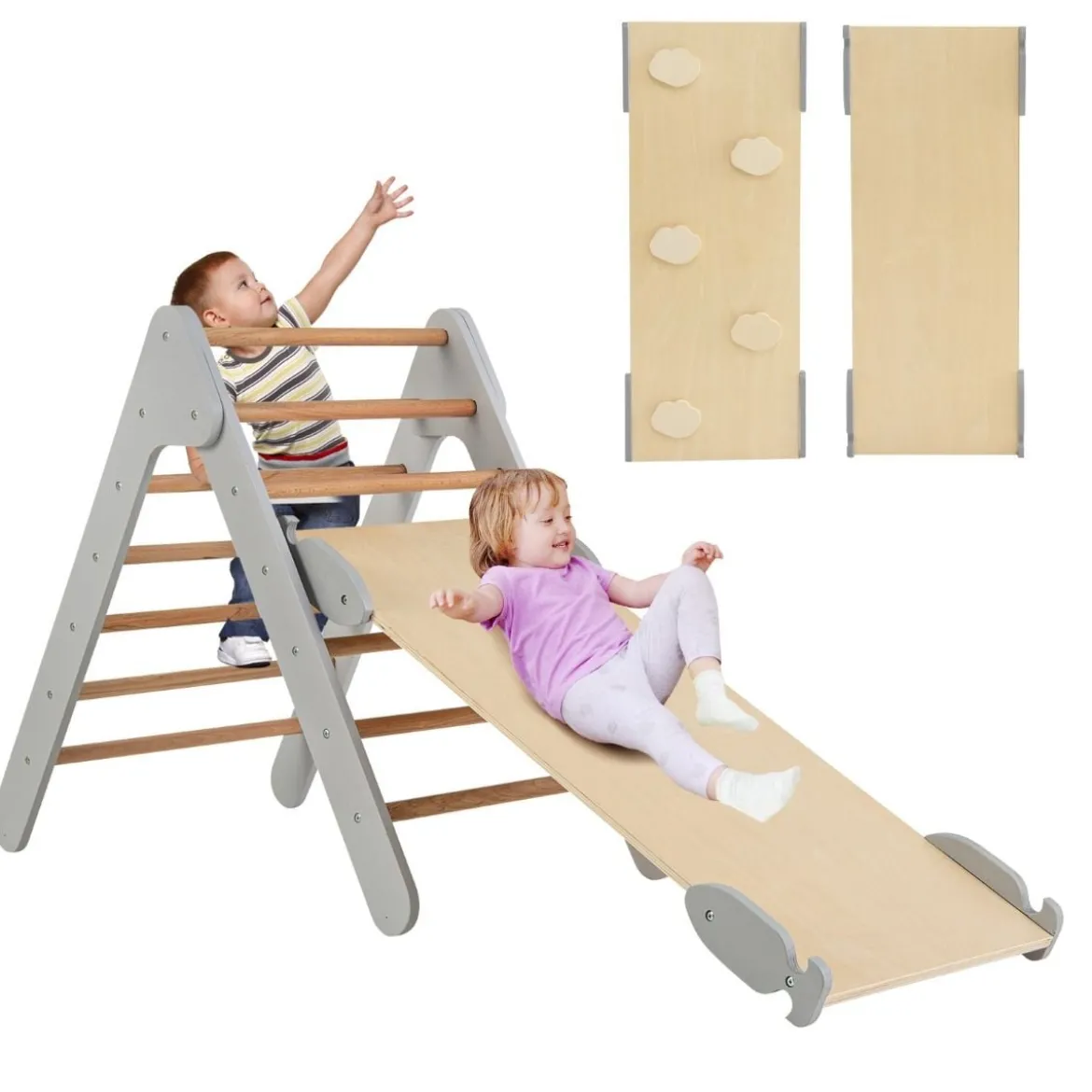 Kletterdreieck mit Rutsche Klettergerüst Indoor ab 1 Jahr Sprossendreieck Kletterrampe aus Holz Grau