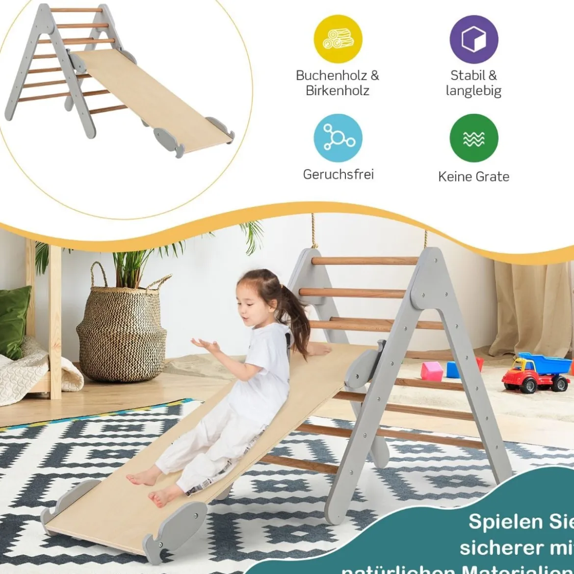 Kletterdreieck mit Rutsche Klettergerüst Indoor ab 1 Jahr Sprossendreieck Kletterrampe aus Holz Grau