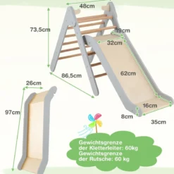 Kletterdreieck mit Rutsche Klettergerüst aus Holz Sprossendreieck zum Rutschen und Klettern Grau