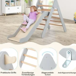 Kletterdreieck mit Rutsche Klettergerüst aus Holz Sprossendreieck zum Rutschen und Klettern Grau