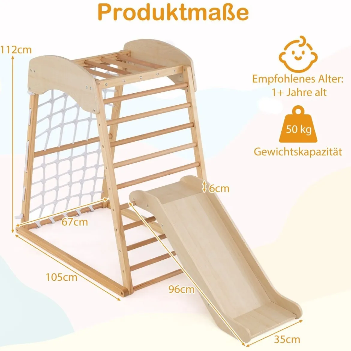 Klettergerüst Indoor 4 in 1 Pull Up Bar & Rutsche & Kletterfelsen & Kletternetz Natur/Bunt