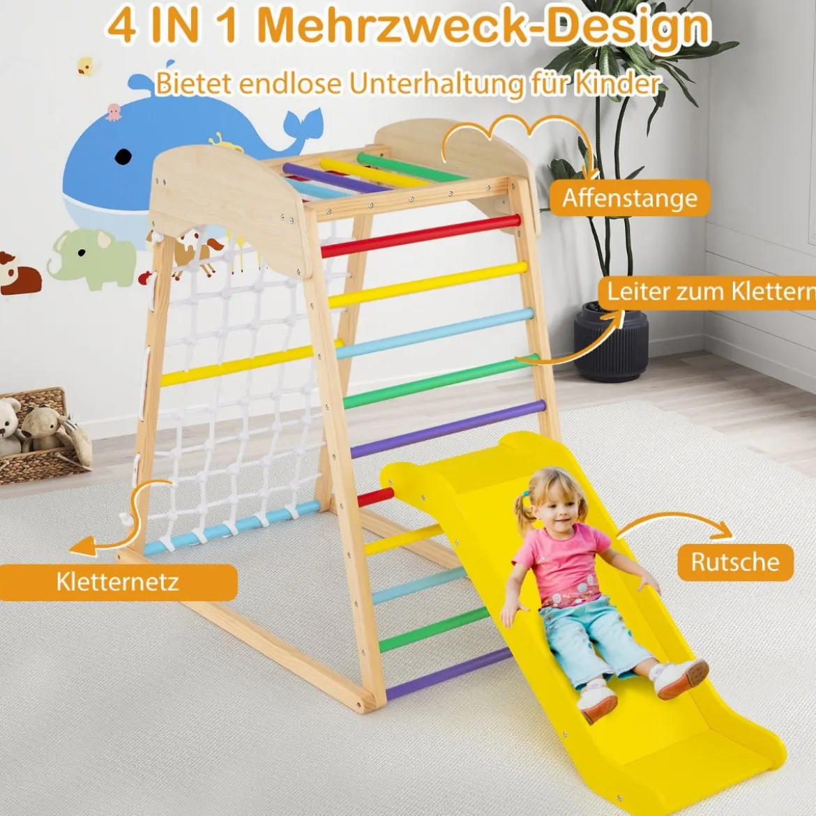 Klettergerüst Indoor 4 in 1 Pull Up Bar & Rutsche & Kletterfelsen & Kletternetz Natur/Bunt
