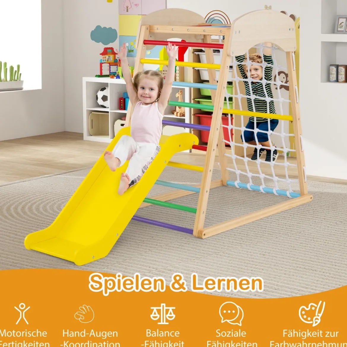 Klettergerüst Indoor 4 in 1 Pull Up Bar & Rutsche & Kletterfelsen & Kletternetz Natur/Bunt