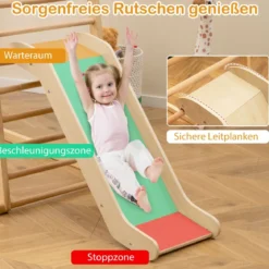 Klettergerüst Indoor 4 in 1 Pull Up Bar & Rutsche & Kletterfelsen & Kletternetz Natur/Bunt