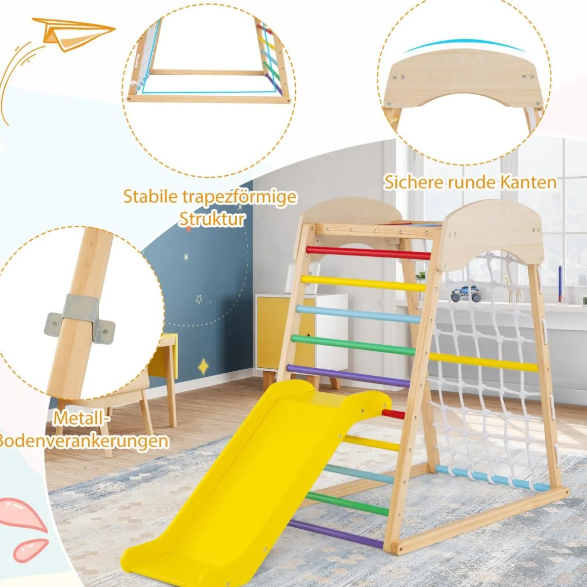 Klettergerüst Indoor 4 in 1 Pull Up Bar & Rutsche & Kletterfelsen & Kletternetz Natur/Bunt