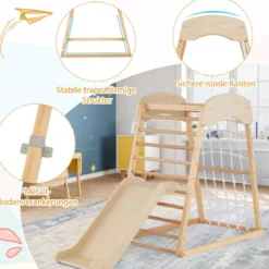 Klettergerüst Indoor 4 in 1 Pull Up Bar & Rutsche & Kletterfelsen & Kletternetz Natur/Bunt
