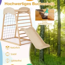 Klettergerüst Indoor 4 in 1 Pull Up Bar & Rutsche & Kletterfelsen & Kletternetz Natur/Bunt