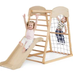 Klettergerüst Indoor 4 in 1 Pull Up Bar & Rutsche & Kletterfelsen & Kletternetz Natur/Bunt