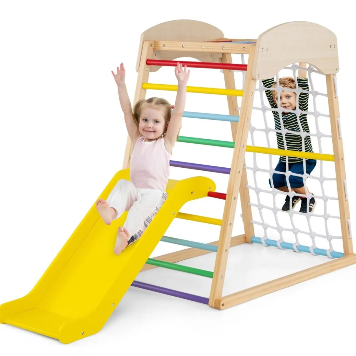 Klettergerüst Indoor 4 in 1 Pull Up Bar & Rutsche & Kletterfelsen & Kletternetz Natur/Bunt