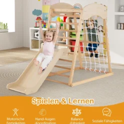 Klettergerüst Indoor 4 in 1 Pull Up Bar & Rutsche & Kletterfelsen & Kletternetz Natur/Bunt