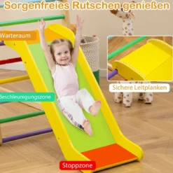 Klettergerüst Indoor 4 in 1 Pull Up Bar & Rutsche & Kletterfelsen & Kletternetz Natur/Bunt