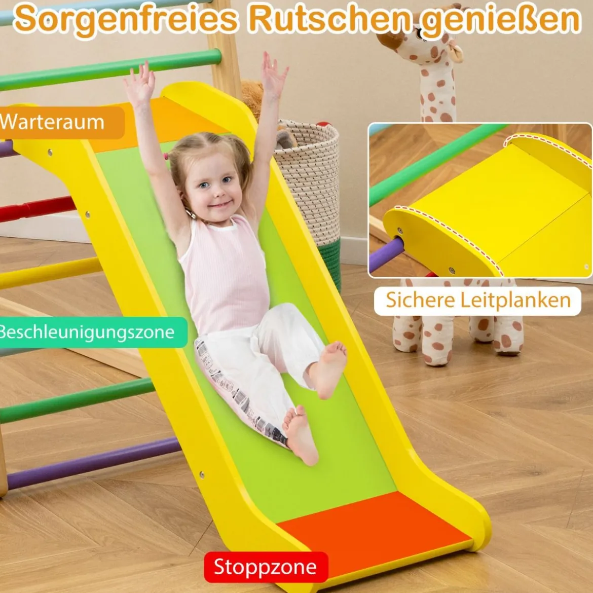 Klettergerüst Indoor 4 in 1 Pull Up Bar & Rutsche & Kletterfelsen & Kletternetz Natur/Bunt
