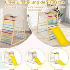 Klettergerüst Indoor 4 in 1 Pull Up Bar & Rutsche & Kletterfelsen & Kletternetz Natur/Bunt