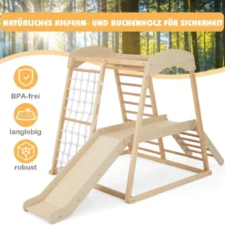 Klettergerüst Indoor Pull Up Bar & Rutsche & Kletternetz & Leiter & Tunnel 205 x 112 x 120 cm Natur