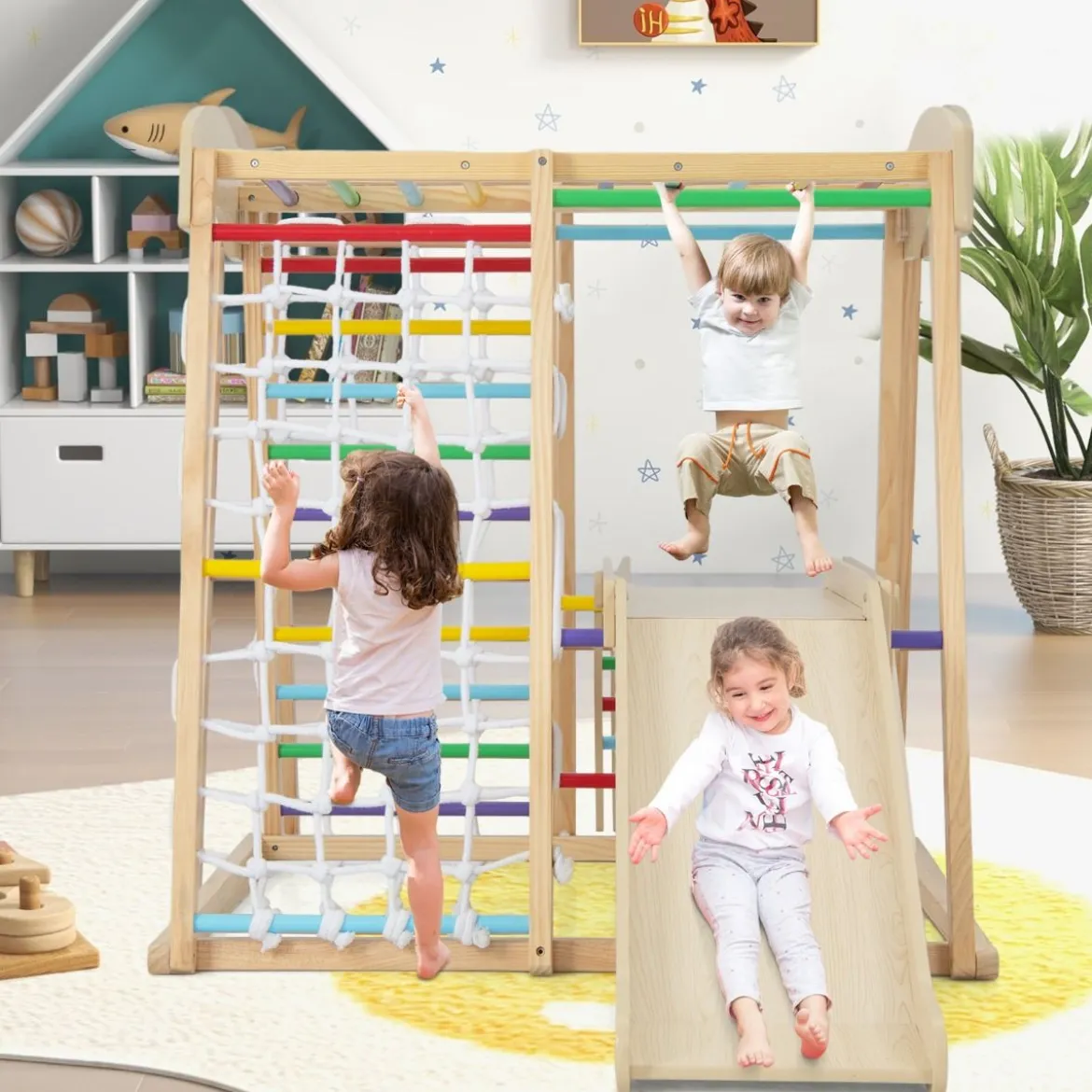 Klettergerüst Indoor Pull Up Bar & Rutsche & Kletternetz & Leiter & Tunnel 205 x 112 x 120 cm Natur