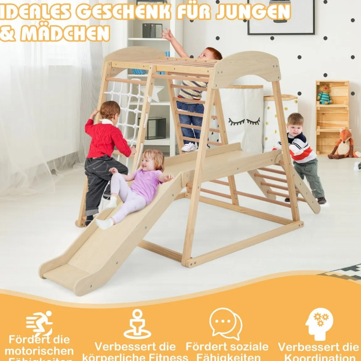 Klettergerüst Indoor Pull Up Bar & Rutsche & Kletternetz & Leiter & Tunnel 205 x 112 x 120 cm Natur