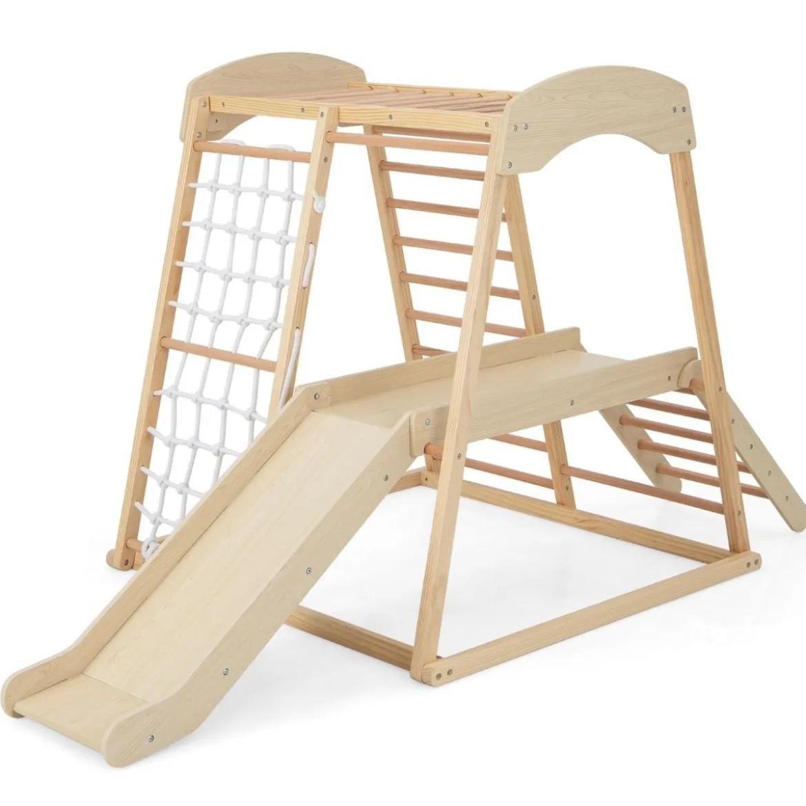 Klettergerüst Indoor Pull Up Bar & Rutsche & Kletternetz & Leiter & Tunnel 205 x 112 x 120 cm Natur