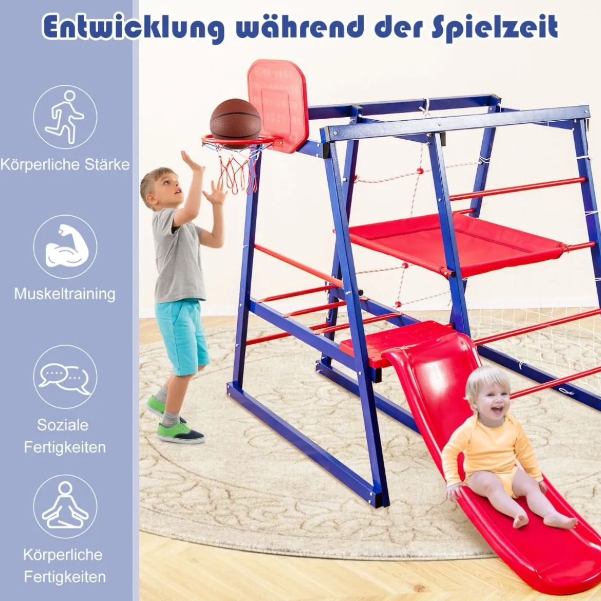 Klettergerüst Outdoor 7 in 1 Spielplatz mit Rutsche Kletterleiter Strickleiter für drinnen und draußen 150 x 142 x 146 cm
