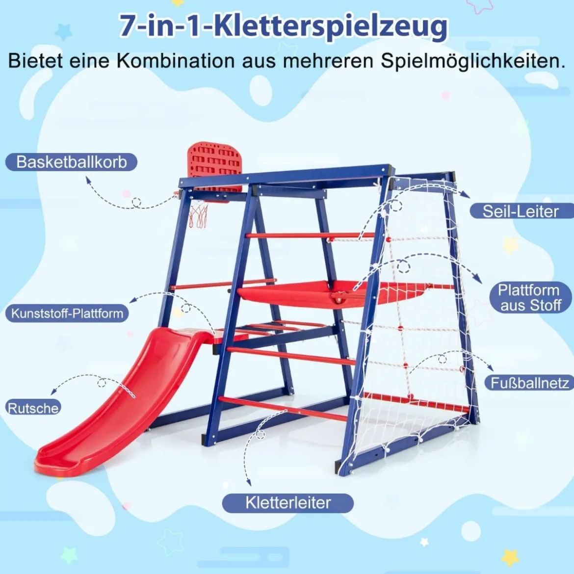 Klettergerüst Outdoor 7 in 1 Spielplatz mit Rutsche Kletterleiter Strickleiter für drinnen und draußen 150 x 142 x 146 cm