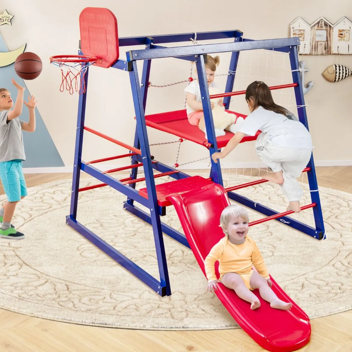 Klettergerüst Outdoor 7 in 1 Spielplatz mit Rutsche Kletterleiter Strickleiter für drinnen und draußen 150 x 142 x 146 cm
