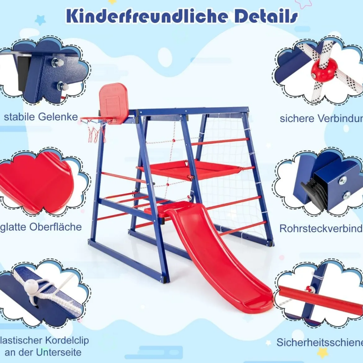 Klettergerüst Outdoor 7 in 1 Spielplatz mit Rutsche Kletterleiter Strickleiter für drinnen und draußen 150 x 142 x 146 cm
