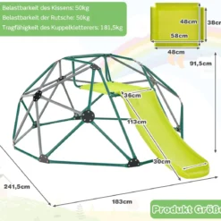 Kletterkuppel mit Rutsche &Stoffplattform & 180 kg Belastbarkeit Klettergerüst in Kuppelform Grün + Grau