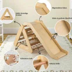 Kletterspielzeug für Kleinkinder Dreieckiges 4-in-1 Klettergerüst mit Rampe Natur