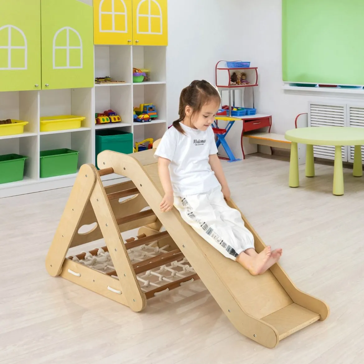 Kletterspielzeug für Kleinkinder Dreieckiges 4-in-1 Klettergerüst mit Rampe Natur