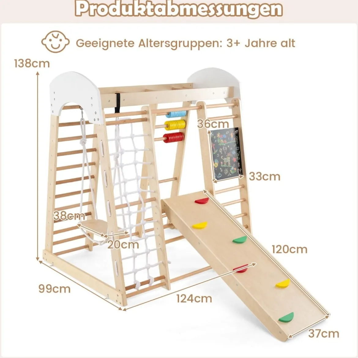Kletterspielzeug-Set für Kleinkinder mit Rutsche Schaukel 124 x 119 x 138 cm Natur/Bunt