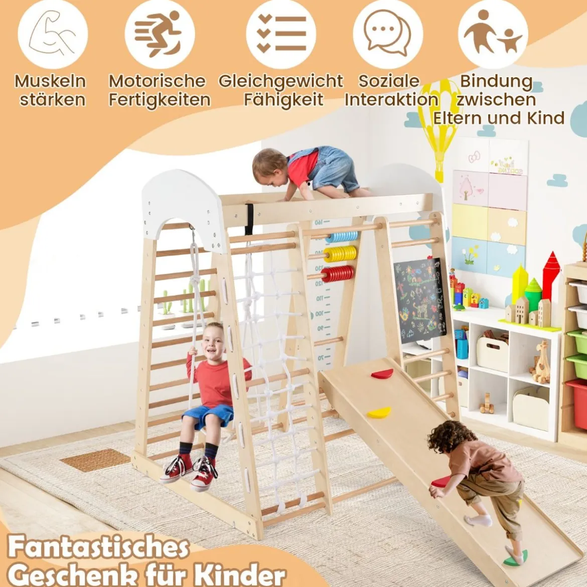 Kletterspielzeug-Set für Kleinkinder mit Rutsche Schaukel 124 x 119 x 138 cm Natur/Bunt