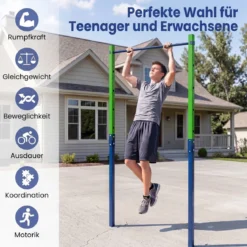 Klimmzugstange Reckstange Höhenverstellbar 80-172 cm Dip Station aus Verzinktem Stahl bis 110 kg Rot/Blau