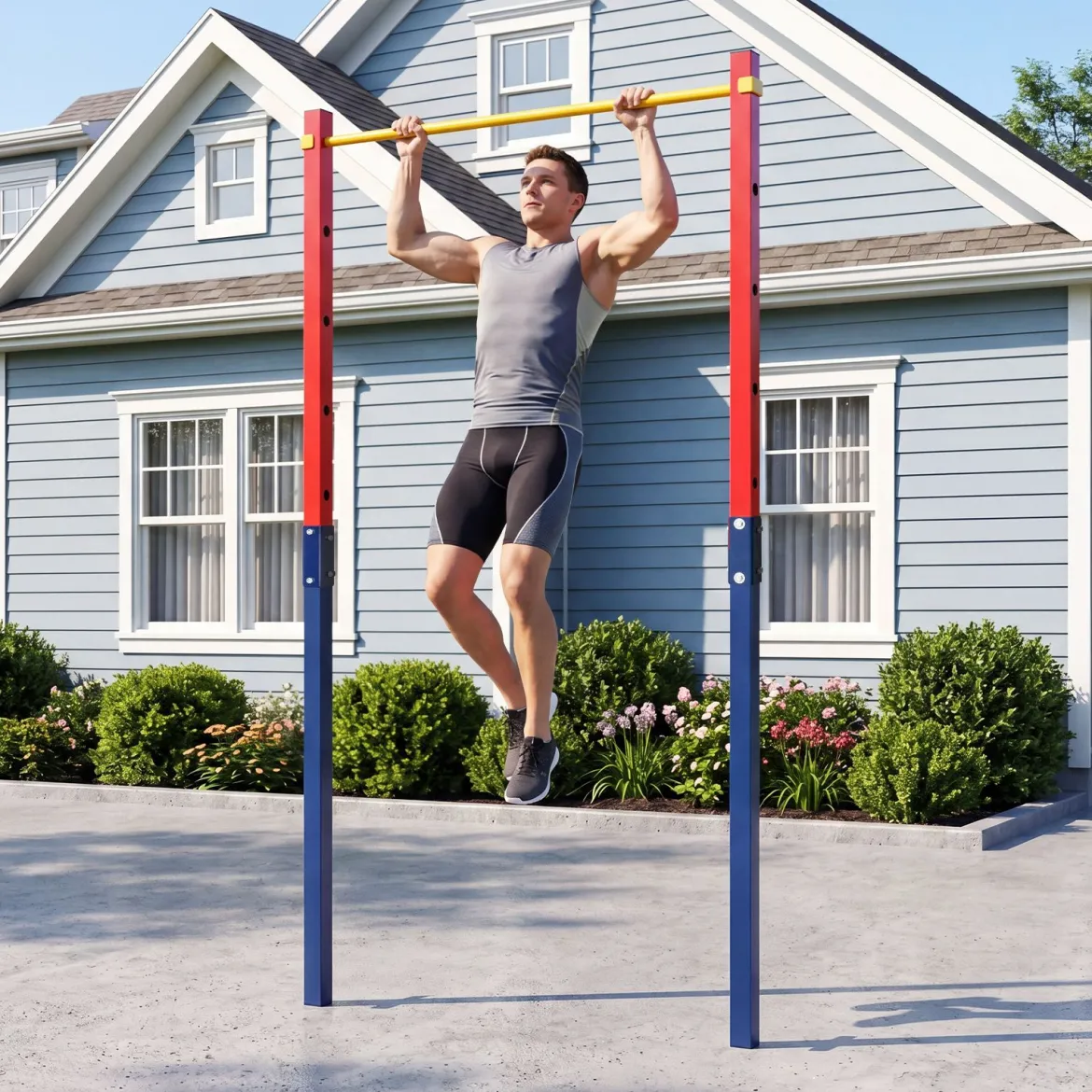 Klimmzugstange Reckstange Höhenverstellbar 80-172 cm Dip Station aus Verzinktem Stahl bis 110 kg Rot/Blau