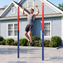 Klimmzugstange Reckstange Höhenverstellbar 80-172 cm Dip Station aus Verzinktem Stahl bis 110 kg Rot/Blau