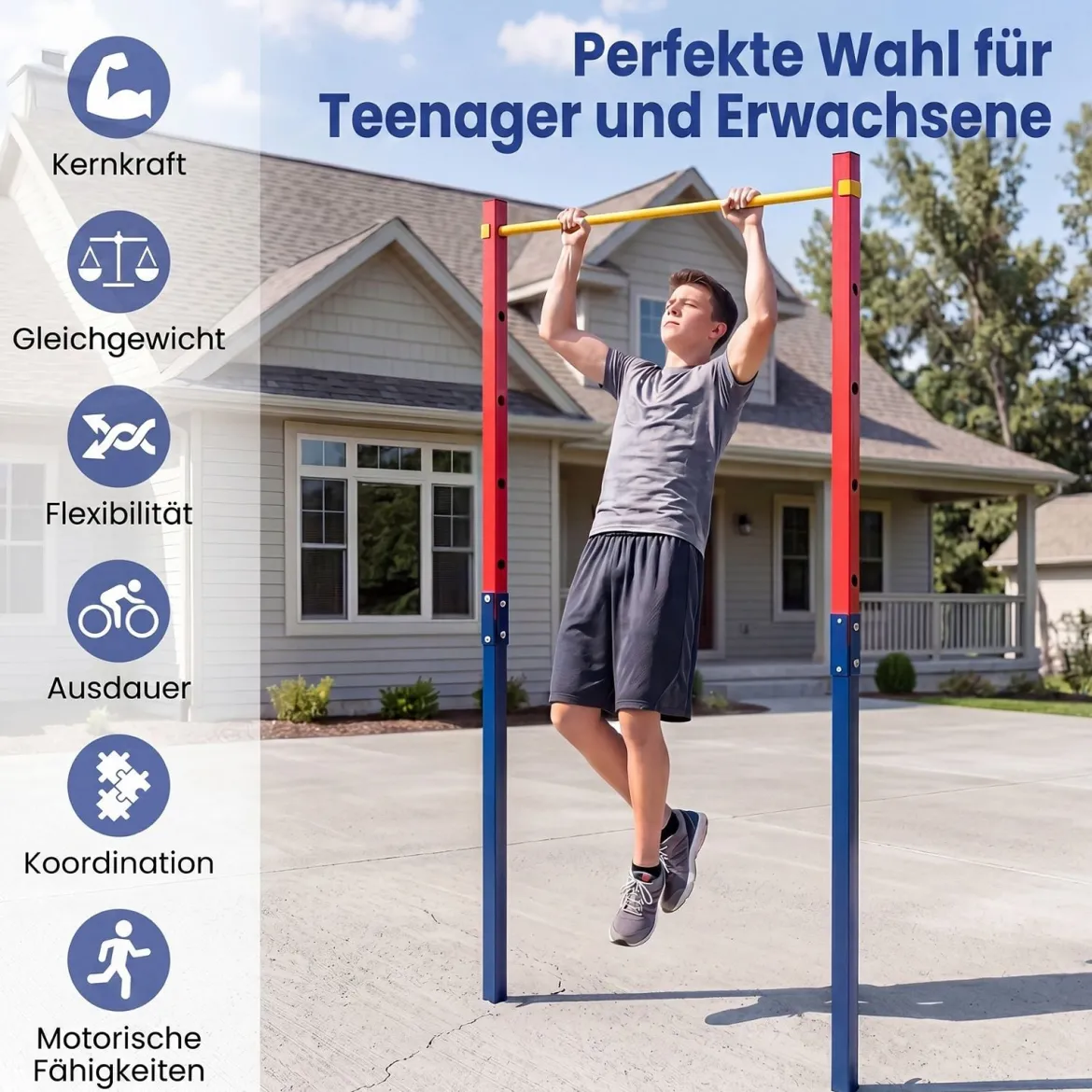 Klimmzugstange Reckstange Höhenverstellbar 80-172 cm Dip Station aus Verzinktem Stahl bis 110 kg Rot/Blau