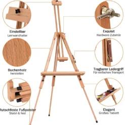 Künstler-Staffelei Tragbare Künstler-Staffelei mit Ablage verstellbar Standstaffelei 96 x 96 x 192 cm Natur