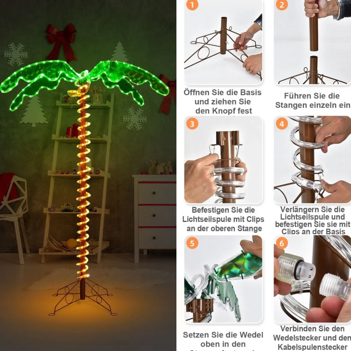 künstliche beleuchtete Palme mit LED-Lichtern klappbarem Sockel LED Palme 118 x 80 x 154 cm