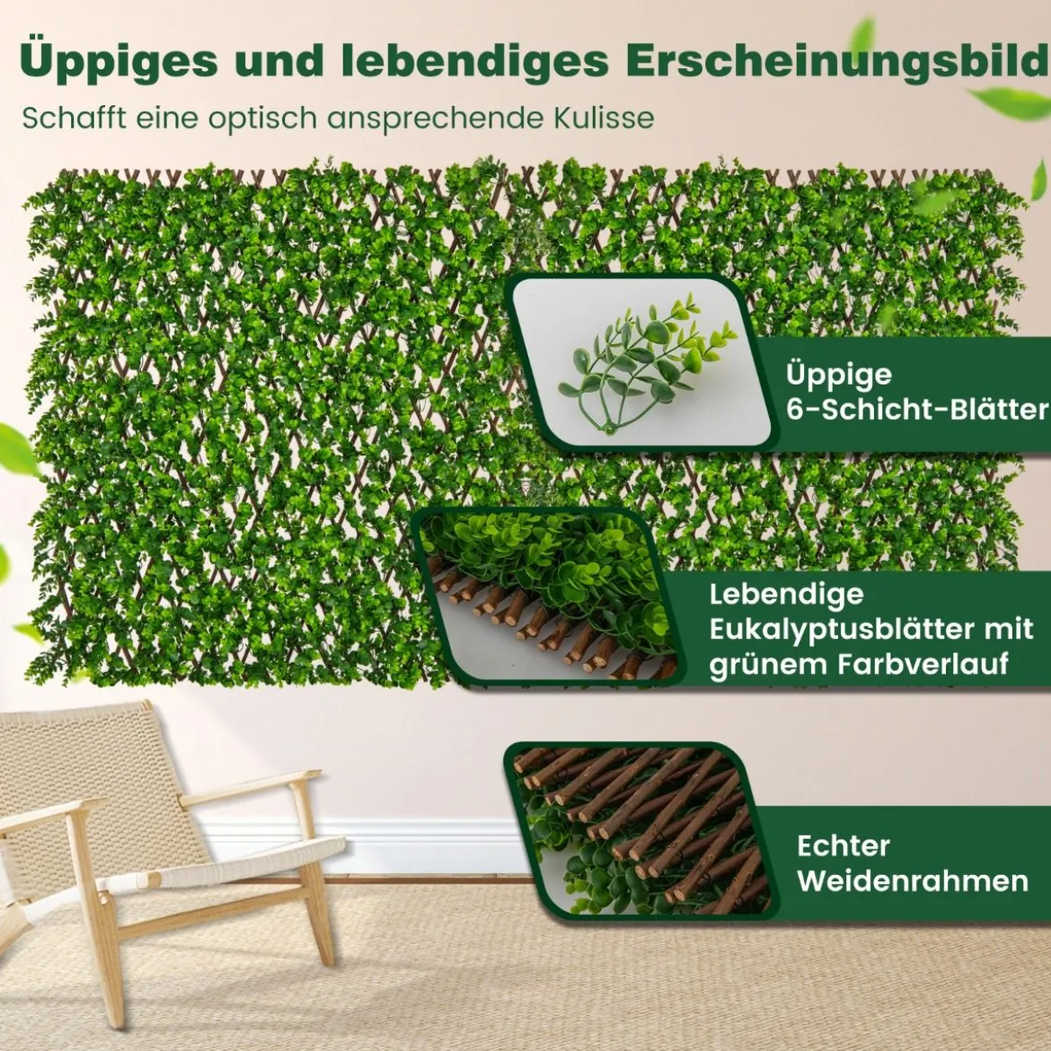 Künstliche Garten Sichtschutz Pflanzenwand Hecken mit Efeublättern / Eukalyptus Blättern
