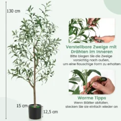 Künstliche Olivenbaum Kunstpflanze 130 cm Zimmerpflanze mit Zementtopf