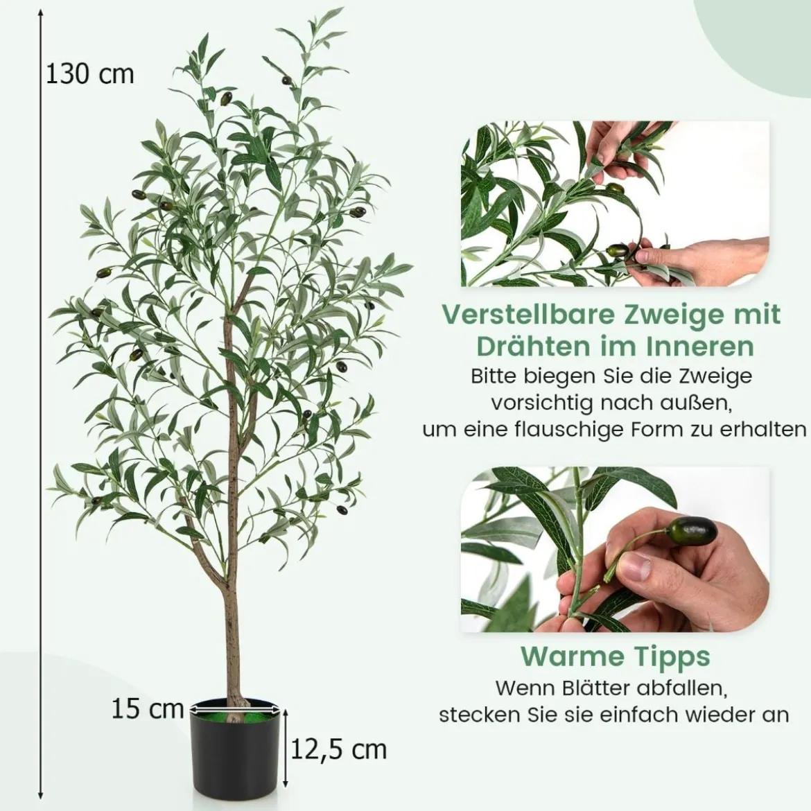 Künstliche Olivenbaum Kunstpflanze 130 cm Zimmerpflanze mit Zementtopf
