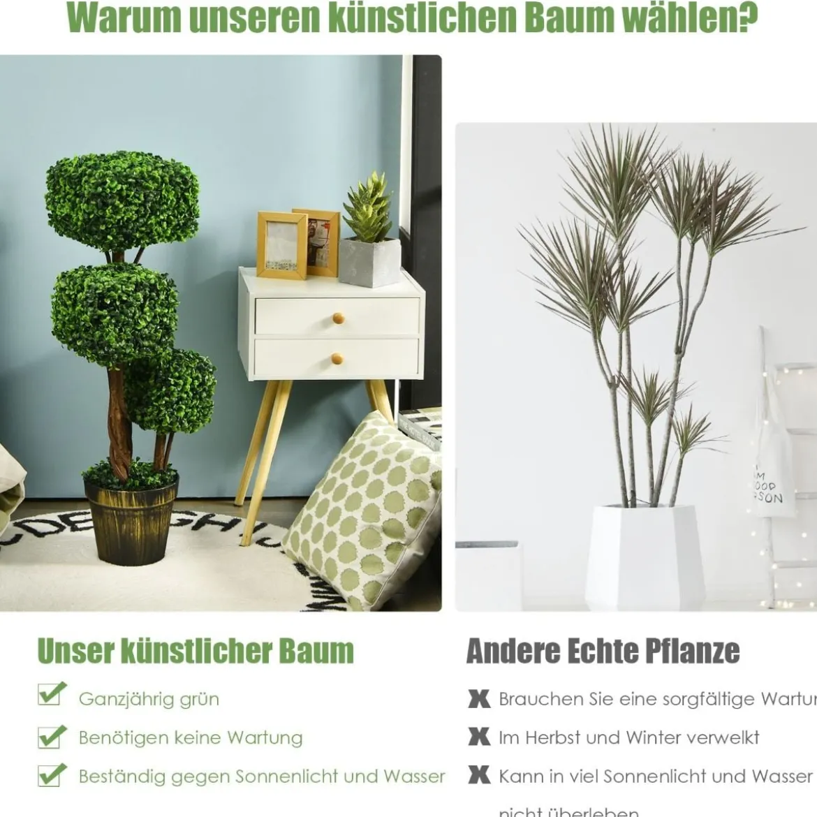 künstlicher dreifach quadratischer Formschnittbaum Kunstpflanze 22 x 22 x 88 cm Grün + Golden