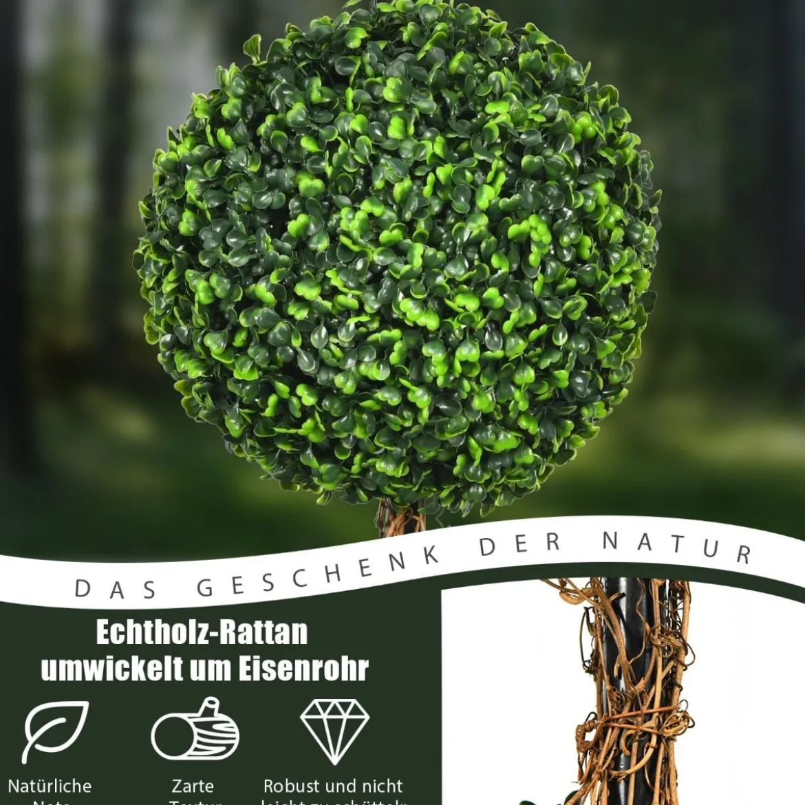 Künstlicher Formschnittbaum 120 cm großer Kunstbaum mit 3 Kugeln UV & Wasserschutz mit Zement gefüllter Topf