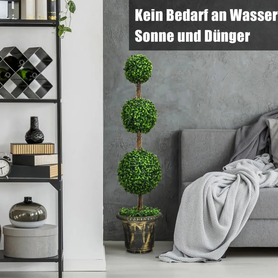 Künstlicher Formschnittbaum 120 cm großer Kunstbaum mit 3 Kugeln UV & Wasserschutz mit Zement gefüllter Topf