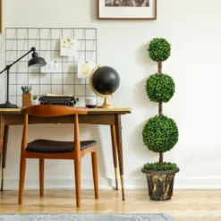 Künstlicher Formschnittbaum 120 cm großer Kunstbaum mit 3 Kugeln UV & Wasserschutz mit Zement gefüllter Topf