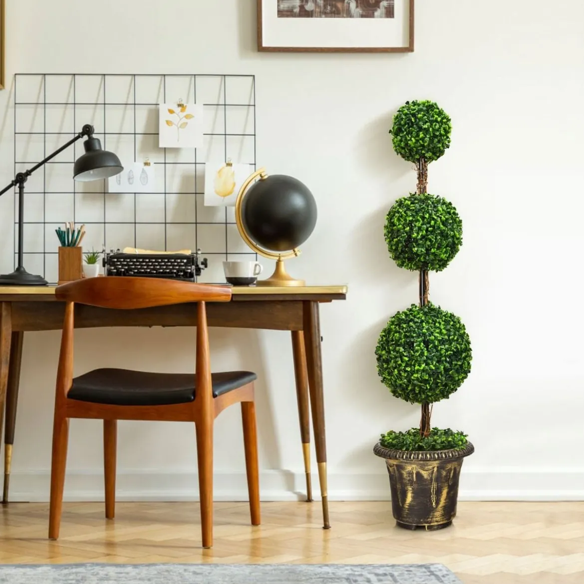 Künstlicher Formschnittbaum 120 cm großer Kunstbaum mit 3 Kugeln UV & Wasserschutz mit Zement gefüllter Topf