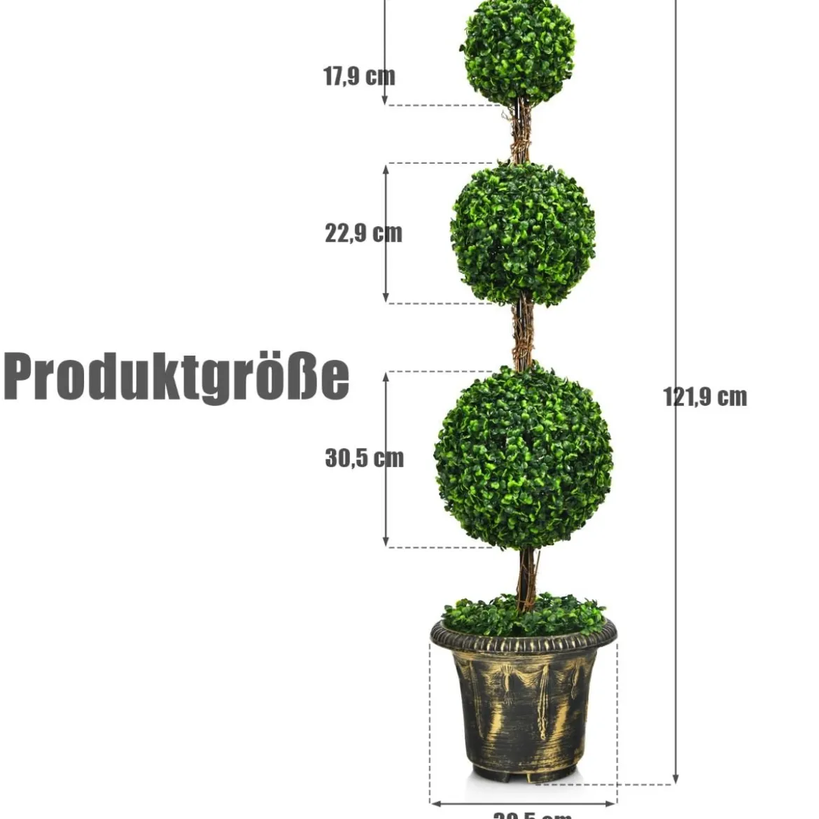 Künstlicher Formschnittbaum 120 cm großer Kunstbaum mit 3 Kugeln UV & Wasserschutz mit Zement gefüllter Topf