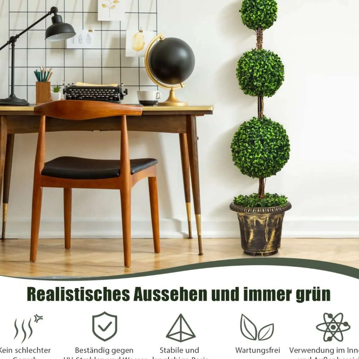 Künstlicher Formschnittbaum 120 cm großer Kunstbaum mit 3 Kugeln UV & Wasserschutz mit Zement gefüllter Topf